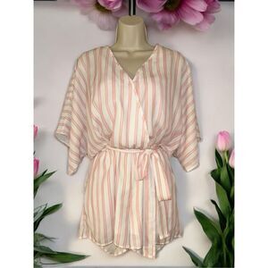 Pink Lily Striped Belted Shorts Romper Pink White Size Medium